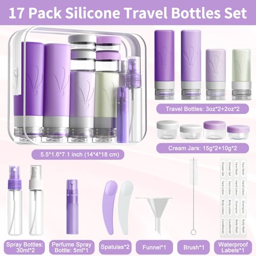 INSFIT 17 Pack Travel Bottles for Toiletries, TSA Approved 3oz 2oz Travel Size Toiletries, BPA Free Leak Proof Squeezable Silicone Tubes Travel Essentials for Shampoo Conditioner Lotion Soap - color: Purple