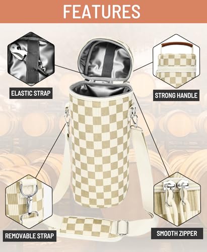Insulated Wine Bag - Wine Bottle Carrier Tote Cooler Bags for Gifts Travel Picnic Beach, Khaki Checkered Pattern - 1 Bottle - color: Khaki Checkered Pattern, size: 1 Bottle