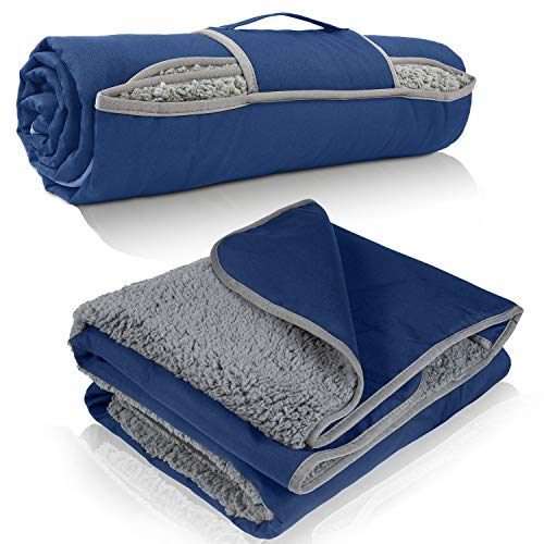 Tirrinia Waterproof Outdoor Blanket with Sherpa Lining, Windproof Triple Layers Warm Comfy Foldable for Camping Stadium, Beach, Picnic, Grass, Concerts, Car, Dog, 51''X 59'' & 59''X 80'' - color: Navy/Grey, size: 66” x 90”