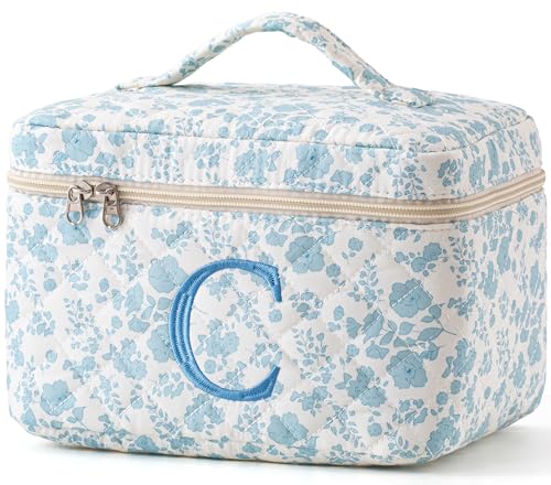 HBselect Initial Quilted Makeup Bag, Cotton Large Travel Make up Bag, Cute Floral Coquette Cosmetic Bag Toiletry Bag for Women Girls C - color: 1Pc Large Blueflower, style: C