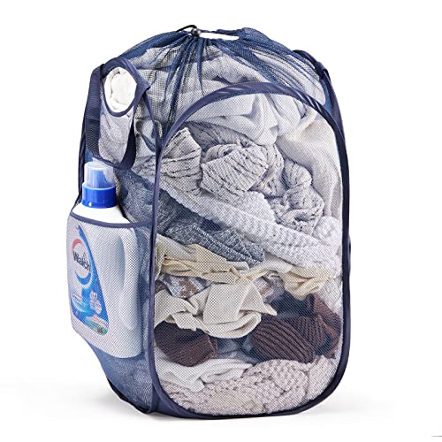 TECHMILLY Collapsible Mesh Pop Up Laundry Hamper with Sturdy Handles and Side Pocket - Portable Foldable Clothes Baskets for Dorm, Bathroom & Travel Storage (with Drawstring, Blue) - color: Blue (Drawstring), size: 1 Pack