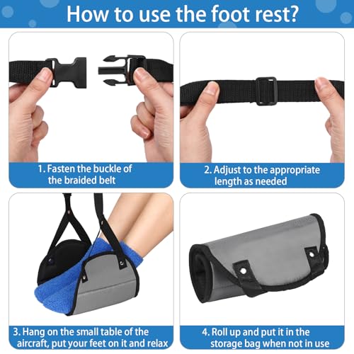 Yerliker Airplane Foot Hammock(Memory Foam) with Earplugs and Eye Mask Travel Necessities Adjustable Airplane Desk Foot Rest for Long Trip Pain and Swelling Relief(Gray) - color: Gray