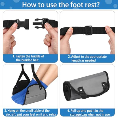 Yerliker Airplane Foot Hammock(Memory Foam) with Earplugs and Eye Mask Travel Necessities Adjustable Airplane Desk Foot Rest for Long Trip Pain and Swelling Relief(Gray) - color: Gray
