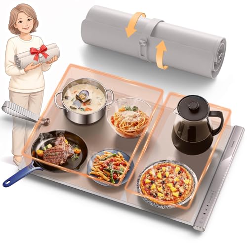 Food Warming Mat with Dual Heating Zones, 4 Temp Settings, Silicone Easy-Clean, Auto Shut-Off, Timer, Child Lock, Portable for Buffet, Party & Travel, 350W, 120V(AC), (White) - color: White