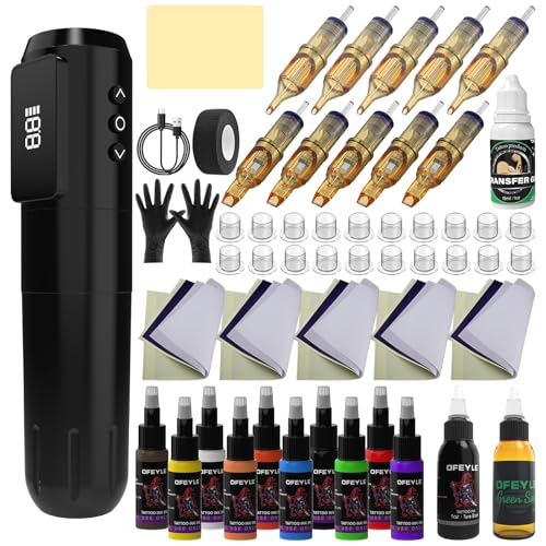 Tattoo Kit, Wireless Tattoo Gun Kit with LED Display 1600mAh Battery Rotary Tattoo Machine Kit for Beginners Complete Set with 10PCS Cartridge Needles, Ink Set, Transfer Gel and Transfer Papers