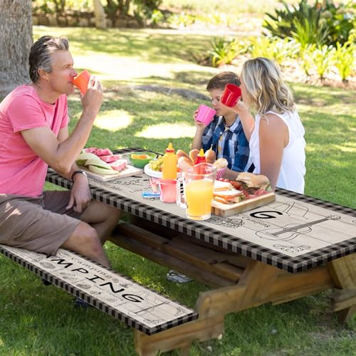 Picnic Table Cover with Bench Covers Elastic Edges, Blue Camper Fitted Table Cover, Outdoor Patio Camping Essentials 72 Inch 3PCS, Waterproof Camping Fitted Tablecloth with Drawstring Bag - color: Blue Plaid, size: 72in