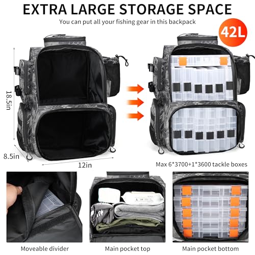 Rabjen Fishing Tackle Backpack with Rod Holders, Bottle Holder, Storage Bag Store Fishing Gear - color: Camouflage Black