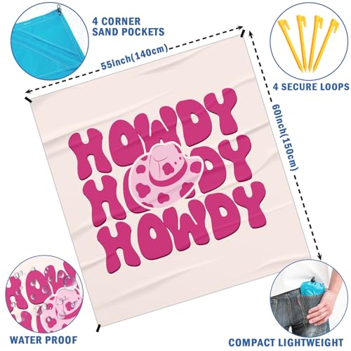 Pink Cowgirl Howdy Pocket Picnic Blankets, Preppy Western Mini Beach Camping Blanket Waterproof Sandproof, Trendy RV Outdoor Blanket Mat Gifts for Cowgirls Camper Campsite Dorm Travel 55x60in - color: Howdy