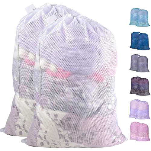 Polecasa Diamond Mesh Laundry Bags,2Pcs 30 x 36 inches Heavy Duty Mesh Laundry Bags with ID Tag and Drawstring Closure, Extra Large Laundry Hamper Liner, Laundry Bag for Travel, Sports,Dorms (White) - color: A-White, size: 30"x36"| 2 Pack
