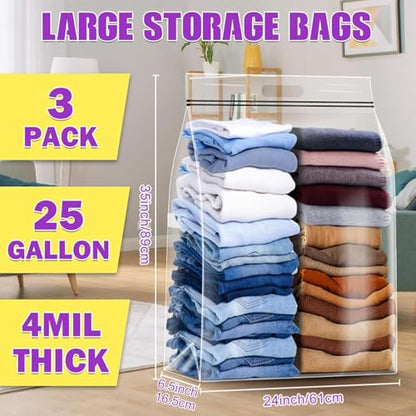 FURWEY 25 Gallon Extra Large Storage Bags 35”x 24”Resealable Clear Bags with Handle 4 Mil Thick Heavy Duty Big Bag for Clothes Pillow Travel Moving,Bedding,Shoes and Toys Storage, Pack of 3 - size: 25 gal - 3 pack