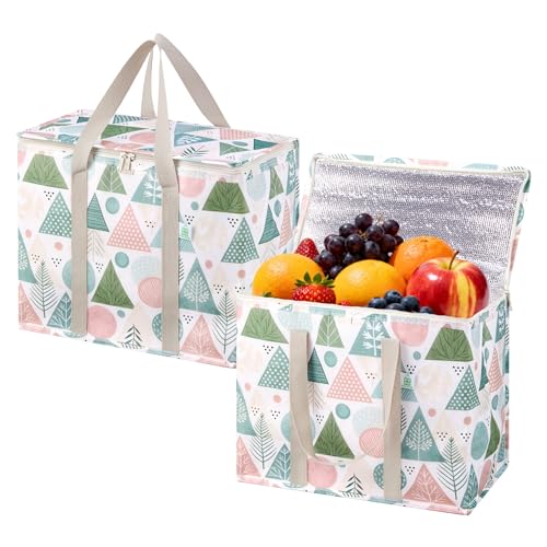 VENO 2 Pack Insulated Cooler Bag Reusable Grocery Shopping Bag, Food Delivery, Heavy Duty, Large Size, Durable Handles, Double Zippers, Lid, Collapsible (Pastel Forest, 2 Pack) - color: Pastel Forest, size: 2 Pack