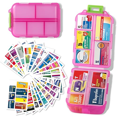 iouwei Large Pill Organizer with Medicine Labels - 7 Day Travel Daily Container, Mini Medication Storage Case (Pink, 161 Labels) - color: Pink, size: Large
