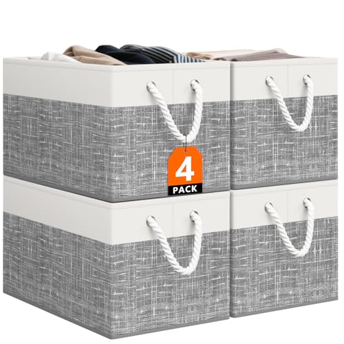 StorageTastic Storage Bin,Collapsible Storage Basket For Organizing,Large Storage Boxes With Rope Handles,Storage Containers,White & Grey,4 Pack - color: White & Grey, size: 15" X 10" X 9.5" (4 Pack)