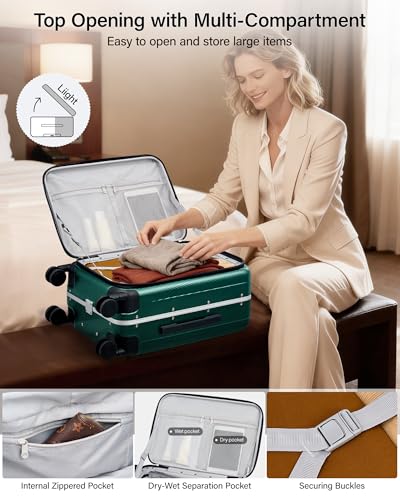 Hanke 24 Inch Checked Luggage Front Opening Rolling Suitcase Hard Sided Luggage with Spinner Wheels Travel Luggagefor Woman Men.(Dark Green) - color: Dark Green, size: 24 Inch