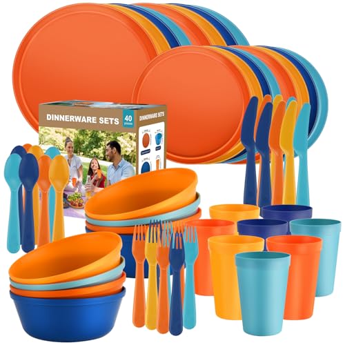 40 Piece Plastic Dinnerware Set for 8 with Cutlery, Unbreakable Plates and Bowls Set, Dishwasher & Microwave Safe Reusable Dish Set for Camping, RV, Outdoor Kitchen, Apartment Dining,Tropic Multicolor - color: Fiesta