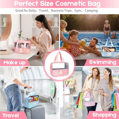 Personalized Initial L Clear Blue Makeup Bag - Large Travel Toiletry Bag, Cute Cosmetic Organizer Set for Girlfriend, Teacher, Teen Girl Gifts - color: Blue, style: L