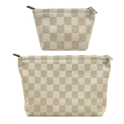 2 Pcs Checkered Makeup Bag Set Canvas Cosmetic Pouch for Women Large & Small Cute Preppy Aesthetic Travel Toiletry Pouch Organizer for Purse Skincare Brushes, Khahi - style: Khahi Checkered Canvas