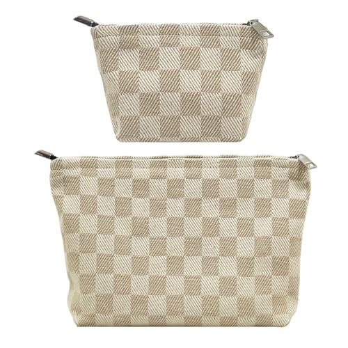 2 Pcs Checkered Makeup Bag Set Canvas Cosmetic Pouch for Women Large & Small Cute Preppy Aesthetic Travel Toiletry Pouch Organizer for Purse Skincare Brushes, Khahi - style: Khahi Checkered Canvas