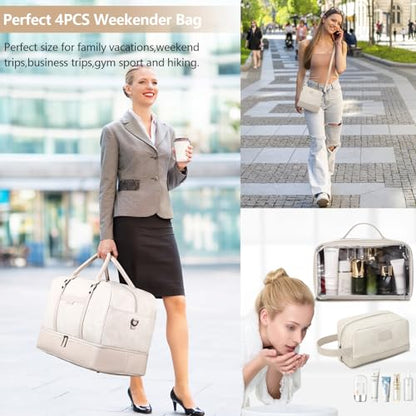 Wogarl Weekender Bag for Women Men Large Overnight Bag Travel Duffel Bag with Shoe Compartment Toiletry Satchel Bag Carry On Bag Fit 21" Laptop - color: White