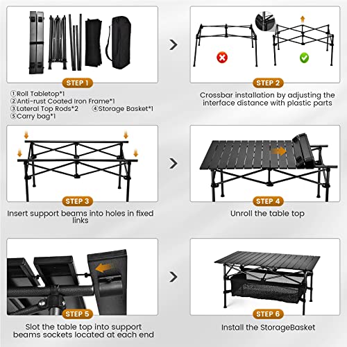 WUROMISE Lightweight Aluminum Folding Camping Table (37.13” x 21.57” x 19.69”), Portable Roll-Up Design for Outdoor, Camping, Beach, BBQ, Patio, and Picnic, Durable & Waterproof with Carrying Bag - size: Medium