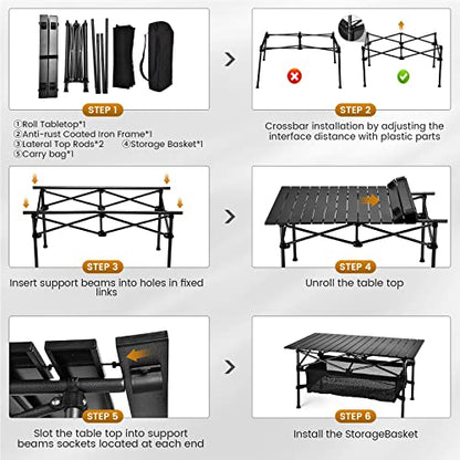 WUROMISE Lightweight Aluminum Folding Camping Table (37.13” x 21.57” x 19.69”), Portable Roll-Up Design for Outdoor, Camping, Beach, BBQ, Patio, and Picnic, Durable & Waterproof with Carrying Bag - size: Medium