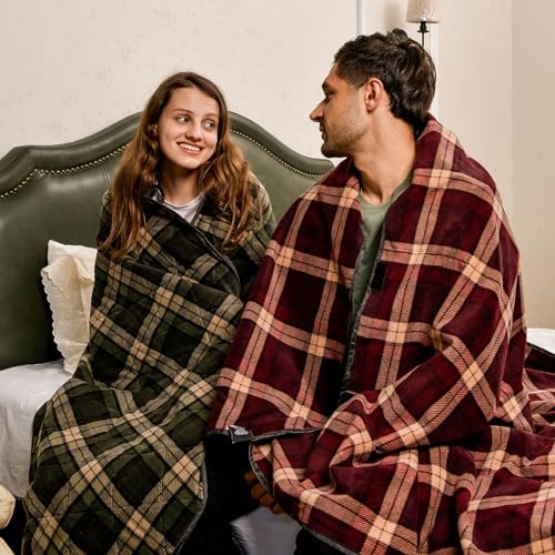 DUKUSEEK Waterproof Camping Blanket with Thick Fleece, Large Outdoor Blanket Windproof with Foldable Hood for Camping Stadium Sporting Events,79"x 58" - color: Dark Blue Outer With Red Plaid Fleece
