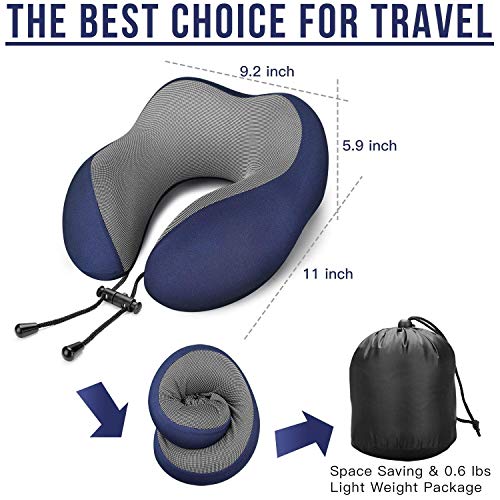 MLVOC Neck Pillow for Traveling, Upgraded 100% Pure Memory Foam Travel Neck Pillow for Airplane Flight Sleep, Breathable & Machine Washable Cover, Travel Kit with 3D Eye Mask, Earplugs & Bag, Blue - color: Blue