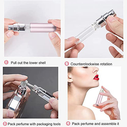 Travel Refillable Perfume Atomisers, 5ML, 3 Pcs Mini Portable Spray Bottles, Round Tube Set With 1 Flat Separated Tool, for Home Business Trip (Black+Blue+Champagne)(4pcs) - color: Black+Blue+Champagne