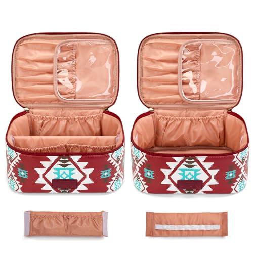 Montana West X Wrangler Travel Makeup Bag 2pcs Set Large Cosmetic Bag with Makeup Brush Holder Portable Make Up Organizer Cute Toiletry Bag with Divider and Handle for Women Aztec - color: Aztec-Red