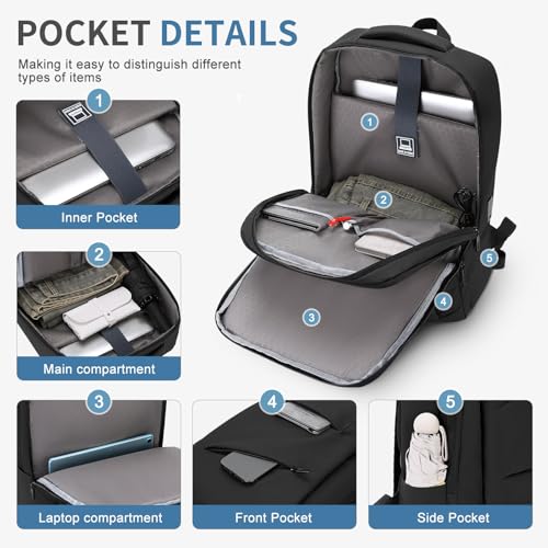 15.6 Inch Laptop Backpack for Men Women, 22L Business Travel Backpack W/USB Charging Port. Water Resistant Work Bookbag, Black - color: Black