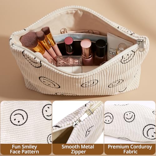 Corduroy Makeup Bag - Smiley Face Cosmetic Bags for Women, Large Skincare Travel Must Have Items, Cute Pouch Organizer and Toiletry Bag for Purse (Beige) - color: Beige