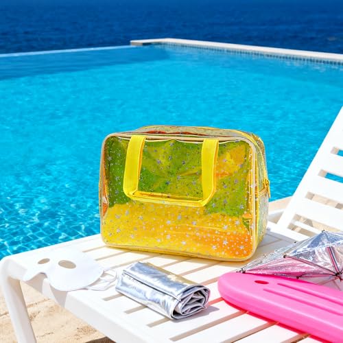 Holographic Yellow Clear Star Large Cosmetic Bag and TPU Travel Pouch with Handle,Durable Material,Zipper Design-Ideal for Makeup,Travel Essentials (Yellow) - color: Yellow