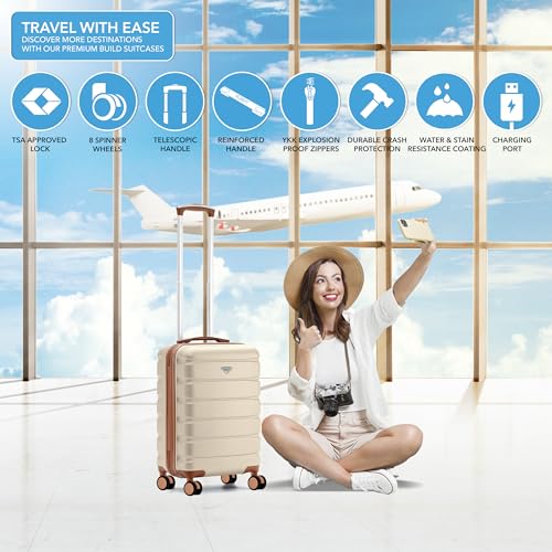 Flight Knight 22x14x9 Expandable Carry On Suitcase Hardside TSA Lock USB C Port Lightweight Luggage Silent Double Spinner Wheels Maximum Overhead Carry-On Bag American United Approved Cream/Tan - color: Cream/Tan, size: 22x14x9"