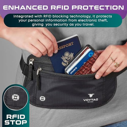 Travel Money Belt & Passport Holder - RFID Blocking Slim Travel Wallet & Fanny Pack for Men and Women - Essential Travel Pouch for Cash, Credit Cards, and Documents - color: Blue