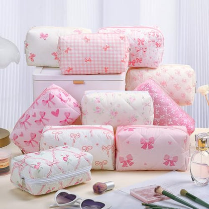 Paterr 20 Pcs Cotton Quilted Makeup Bag Bulk Coquette Cosmetics Bag Flower Aesthetic Essential Pouch Emergency Travel Toiletry Cotton Pouch Gifts for Women(Pink Bow) - style: Pink Bow