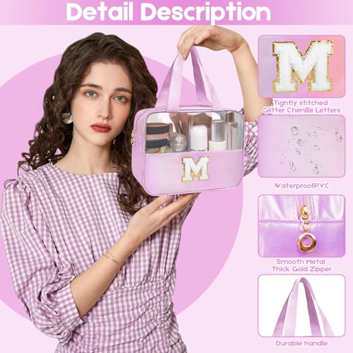 Personalized Initial L Clear Purple Makeup Bag - Large Travel Toiletry Bag, Cute Cosmetic Organizer Set for Girlfriend, Teacher, Teen Girl Gifts - color: Purple, style: L