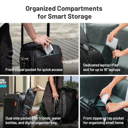 PGYTECH 2-in-1 Roller Camera Backpack, DSLR/SLR/Mirrorless Bag for Travel Photographers, Rolling Luggage with Tripod & Removable Modular & Rain Cover, Compatible with Canon, Nikon, Sony
