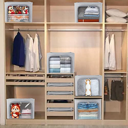 Clothes Storage Box Bins Stackable Foldable Organizer with Metal Frame for Clothing Bedding Shelves,Closet Container with Clear Window Zipper and Label Holder (Gray,Small-40L x3 Pack) - color: Gray,Small-40L x3 Pack
