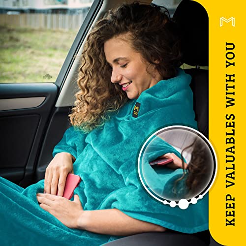 Travel Blanket Airplane Compact with Hoodie – 2in1 Airplane Travel Accessories from Plane Blanket to Travel Pillow with Luggage Strap, Soft Handle & Secure Pocket - color: Teal, size: 62x41''