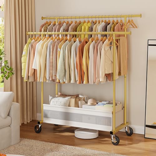 Clothes Rack, Double Rods Clothing Rack, Clothing Racks for Hanging Clothes, Rolling Clothes Rack with Storage Basket & Heavy Duty Wheels, Garment Rack for Bedroom, Laundry Room, Gold - color: Gold