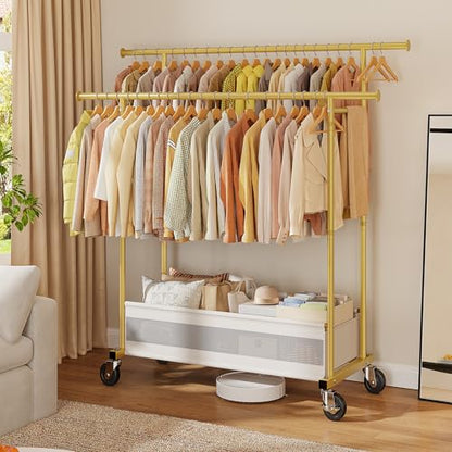 Clothes Rack, Double Rods Clothing Rack, Clothing Racks for Hanging Clothes, Rolling Clothes Rack with Storage Basket & Heavy Duty Wheels, Garment Rack for Bedroom, Laundry Room, Gold - color: Gold