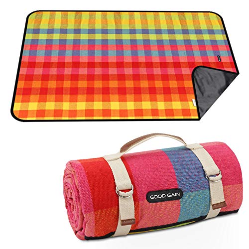 G GOOD GAIN Waterproof Picnic Blanket Portable with Carry Strap for Beach Mat or Family Outdoor Camping Party (red Plaid) - color: Multi Color