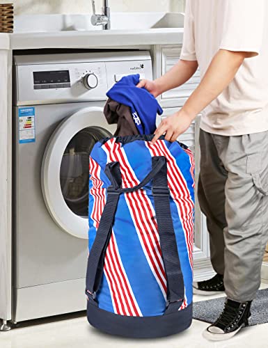 Dalykate Backpack Laundry Bag with Shoulder Straps and Mesh Pocket Durable Nylon Clothes Hamper Bag with Drawstring Closure for College, Travel, Laundromat, Apartment - color: Stripe Blue