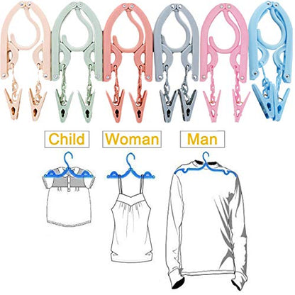Portable Folding Travel Clothes Hangers12 Pcs with 24 Pcs Clips,with 1 Pcs Clothesline,for Scarves Suits Trousers Pants Shirts Socks Underwear Clothesp - size: 12 Pack Hanger with Clothesline