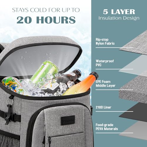 Tuwubi Cooler Backpack 35/42 Cans, Backpack Coolers Insulated Leak Proof for Men Women, Waterproof Soft Sided Lunch Camping Beach Travel Ice Chest Backpack Cooler Bag - color: Grey, size: Large
