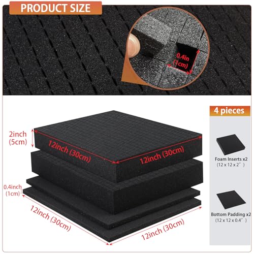 QDYMXUN Pre-Cubed Pick & Pluck Foam Sheets - 2-Pack (12"x12"x2") with 0.4" Bottom Padding, Polyurethane Apart Insert Pads Liners for Toolboxes, Storage Drawer and Crafts - size: 2Pack 12'' x 12'' x 2'' with 0.4" Bottom Padding