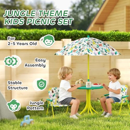 Qaba Kids Picnic Table and Chair Set, Outdoor Activity Table with Foldable Chairs, Removable Umbrella, Monkey and Giraffe Pattern Toddler Patio Furniture for Backyard, Garden, Green