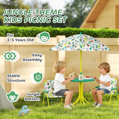 Qaba Kids Picnic Table and Chair Set, Outdoor Activity Table with Foldable Chairs, Removable Umbrella, Monkey and Giraffe Pattern Toddler Patio Furniture for Backyard, Garden, Green