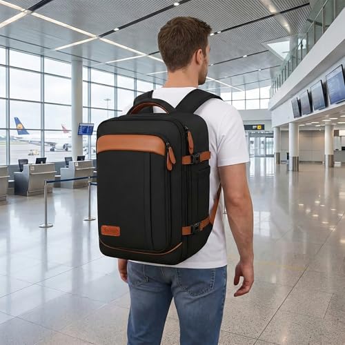 Vancropak 40L Travel Backpack Flight Approved Carry On for Men Women, Expandable Weekender Bag with 3 Packing Cubes, Water Resistant Anti-Theft Daypack fits 17.3" Laptop, Large Lightweight Luggage - color: Dark Black Brown