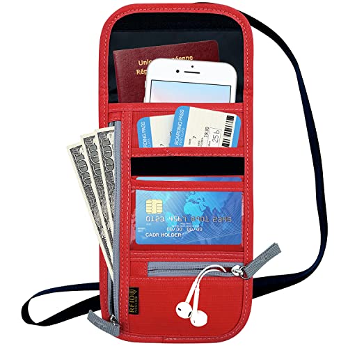 Travel Neck Wallet, RFID Blocking Passport Holder with Adjustable Neck Strap for Men and Women to Keep Cash, Credit Cards and Travel Documents Safe - Red - color: Red
